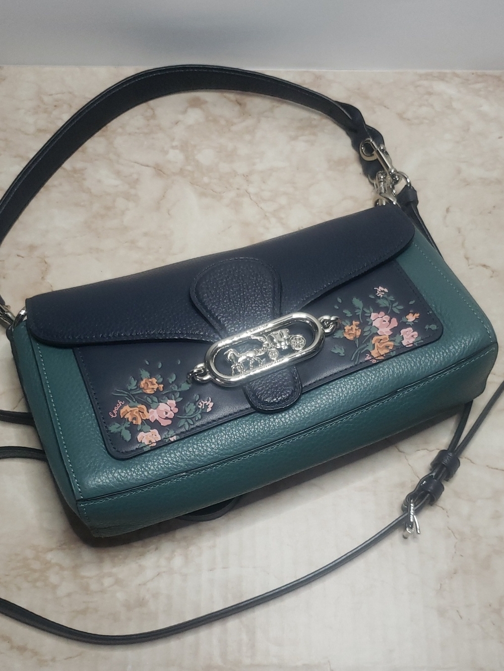 Coach Jade Rose Bouquet Teal & Navy Floral Leather Shoulder/Crossbody Bag